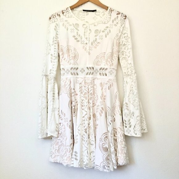 ARK & CO Burnout Lace Skater Dress White Blush Underlay Long Bell Sleeve Mini S - Picture 2 of 12